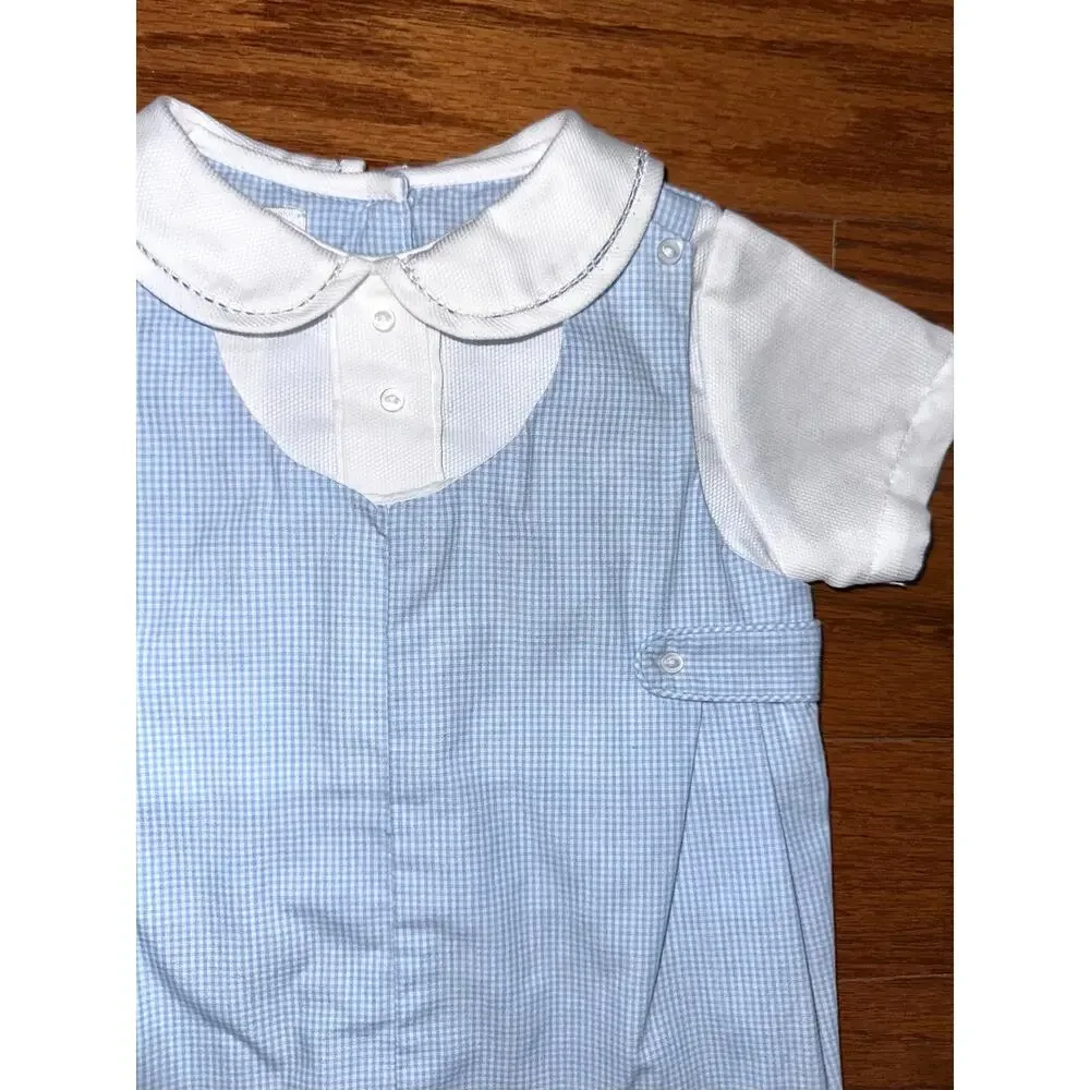 Petit Ami Baby Boys Blue Gingham Side Tab Peter Pan Collar Romper Size Newborn